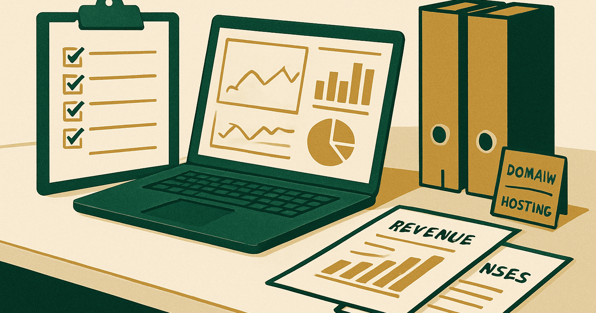 Website sale preparation checklist with analytics, revenue reports, and transfer documents laid out on a desk