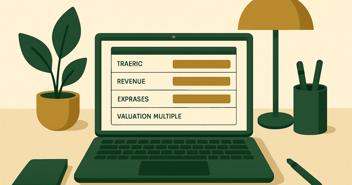 Website valuation worksheet showing traffic, revenue, profit, and multiple inputs on a laptop desk